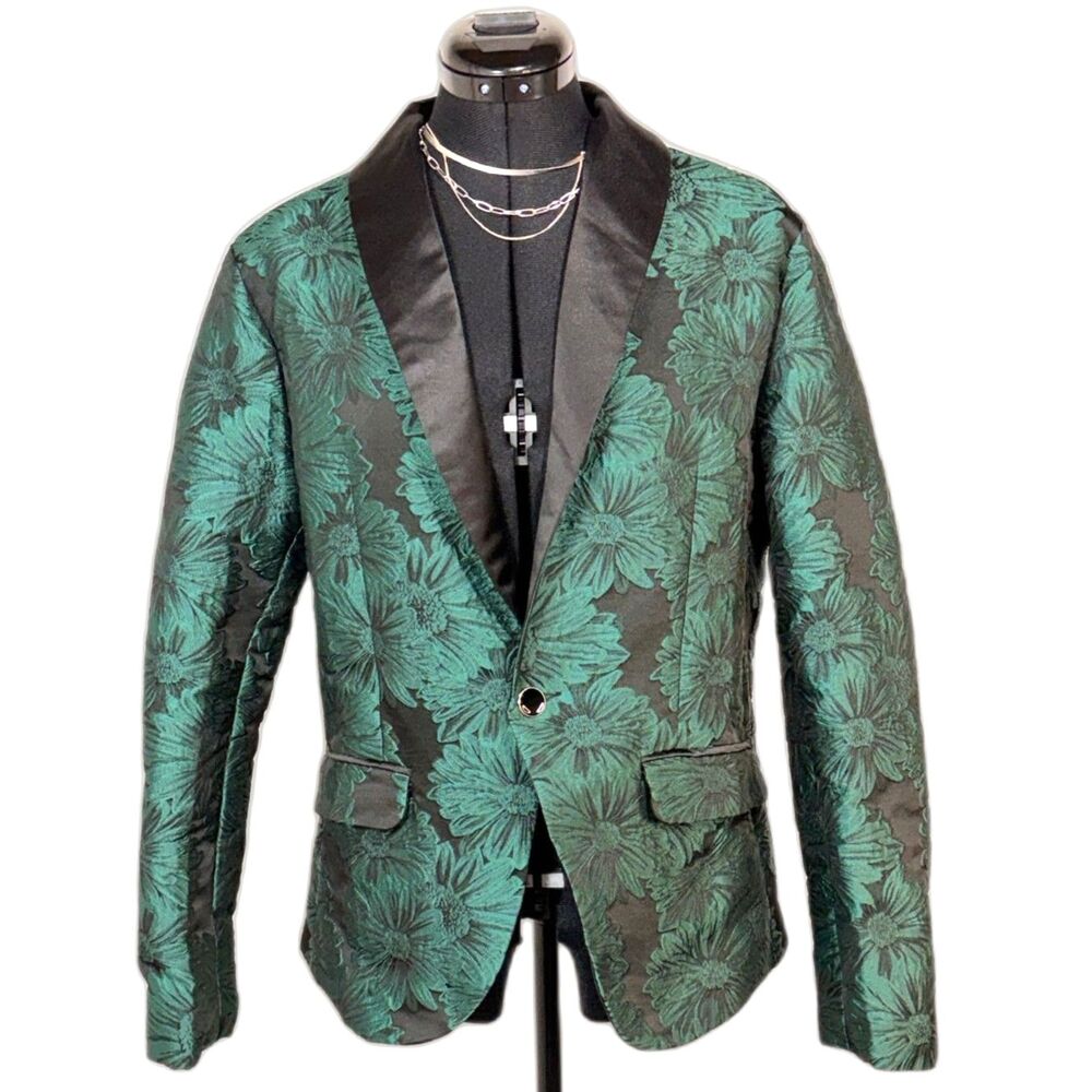 Manfinity Emerald Green Floral Jacquard Blazer